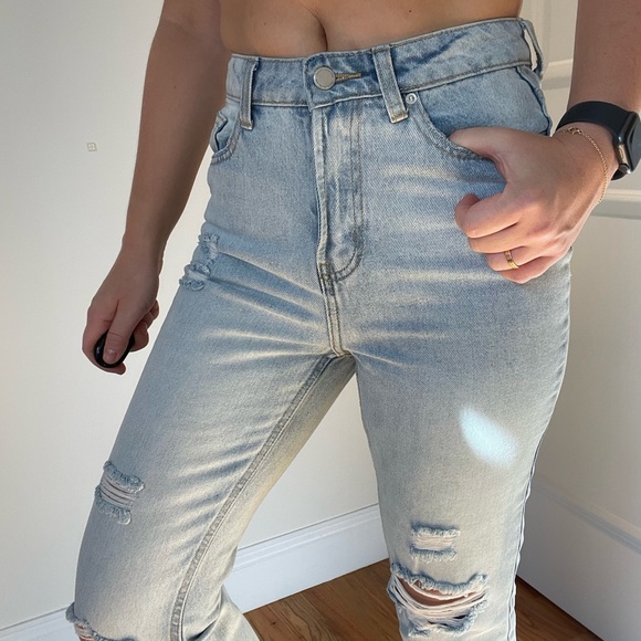 High Waist Straight Leg Ripped Bleached Blue Jeans - Picture 5 of 8